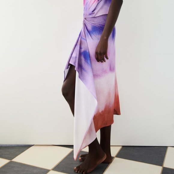 NWT ZARA PURPLE PRINTED DRESS WITH DRAPING - Picture 7 of 9